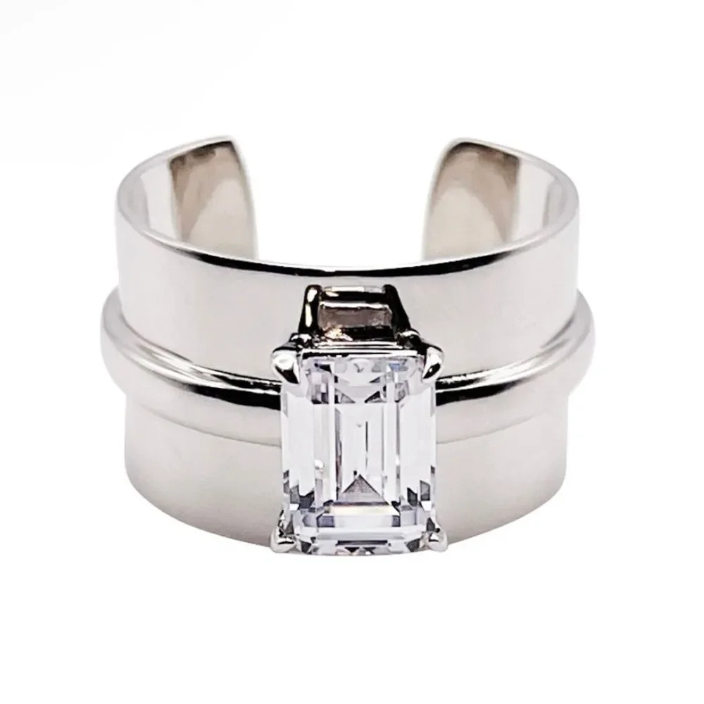 NWOT Lisa Freede Adjustable Emerald Cut Cubic Zirconia Stone Cigar Band Ring OS
